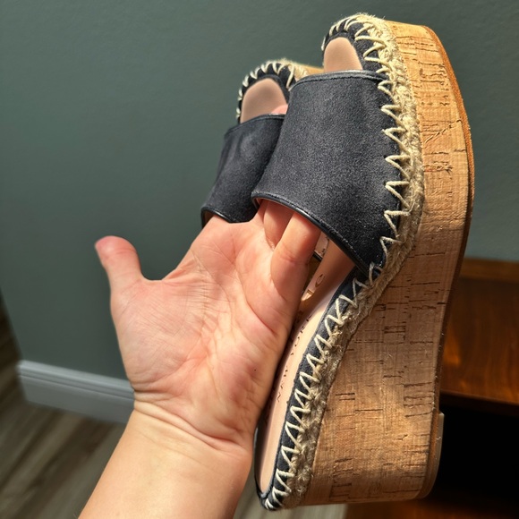 Kate Spade Cosette Platform Cork Slides Navy Blue Suede Mules New York Wedges - Picture 15 of 16